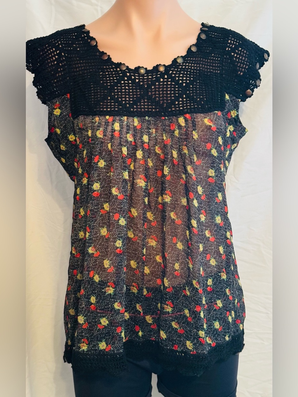 Hazelhaze Black Crochet Yoke Floral Sheer Women's floral Top